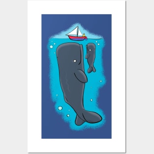 Cute whale with baby and sailing boat cartoon Posters and Art